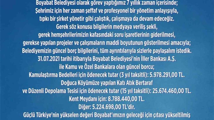 Boyabat Belediyesi güncel borç rakamlarını açıkladı