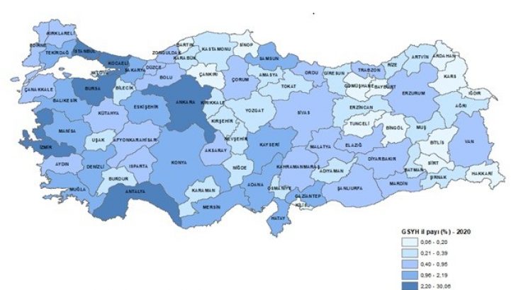 2020 yılında gayri safi yurtiçi hasılası en düşük il Bayburt oldu