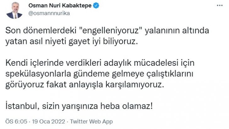 AK Parti İl Başkanı Kabaktepe’den İmamoğlu’na cevap: “En iyi bildiği iş engelleniyoruz bahanesi”